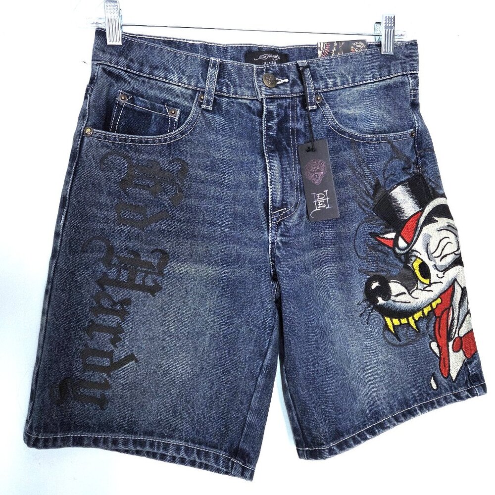 NWT Ed Hardy Skater Fit Wolf Painted & Embroidered Denim Shorts Size 28